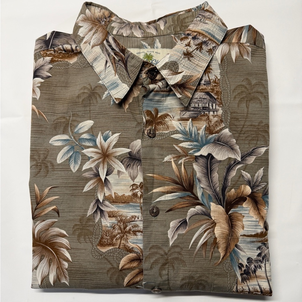 Men's Island Shores Hawaiian Shirt Short-Sleeve‎ Size Large Tan